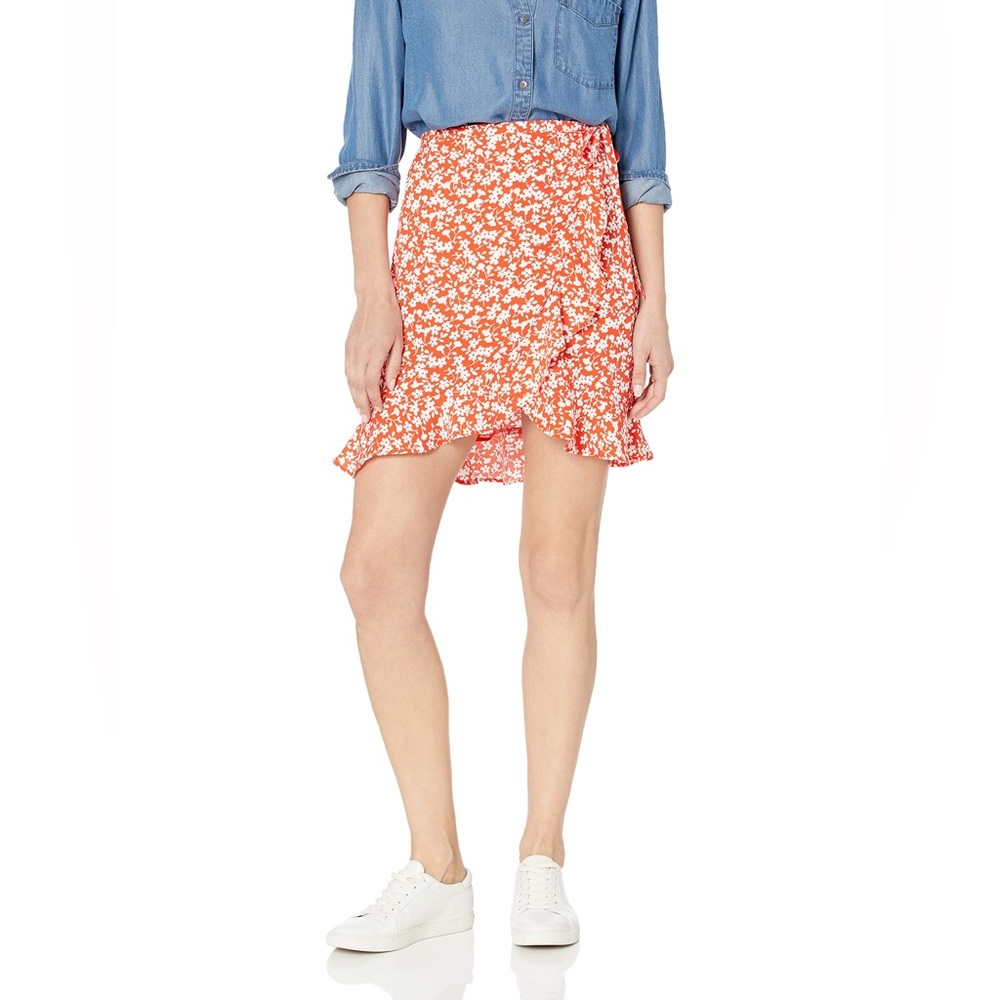 J. Crew floral tie wrap ruffle skirt. Orange with white floral print. Size small
